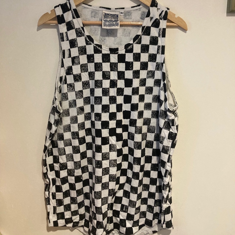 Jungmaven Printed Black and White Checkerboard Tank, size XL